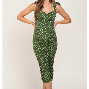 Green floral ruched tie-shoulder maternity dress